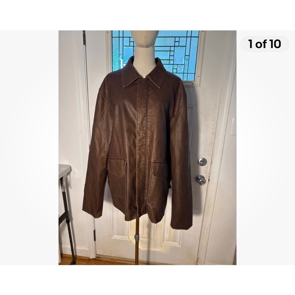 Indiana Jones Disney Parks Brown Faux Leather Bomber Jacket Mens XL Distressed